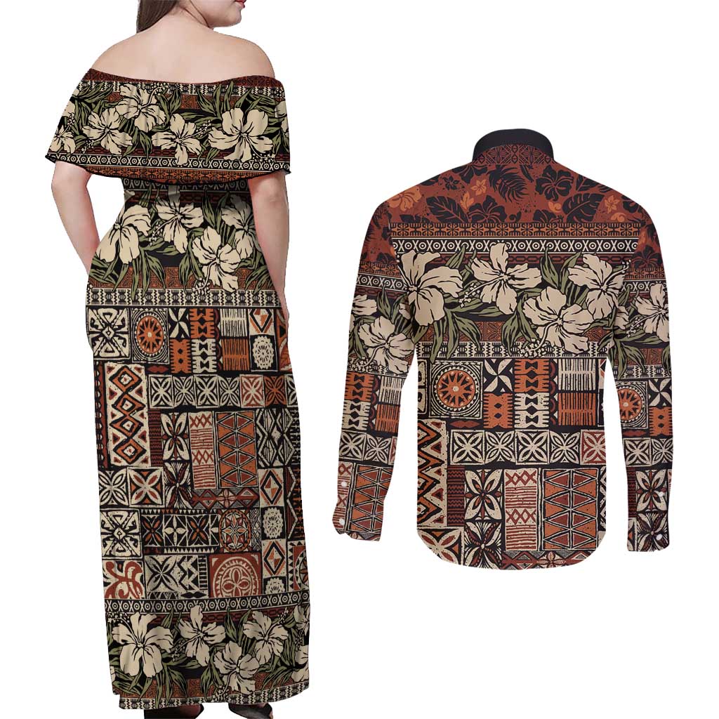 Pacific Hibiscus Tapa Tribal Vintage Couples Matching Off Shoulder Maxi Dress and Long Sleeve Button Shirt Brown Motif LT9 - Polynesian Pride