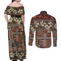 Pacific Hibiscus Tapa Tribal Vintage Couples Matching Off Shoulder Maxi Dress and Long Sleeve Button Shirt Brown Motif LT9 - Polynesian Pride