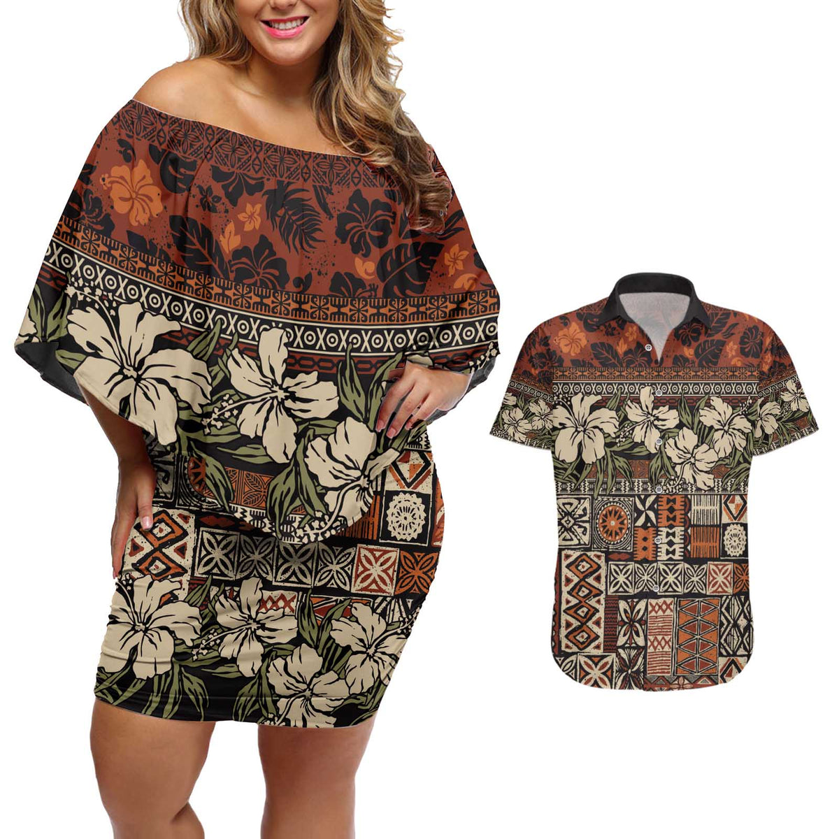 Pacific Hibiscus Tapa Tribal Vintage Couples Matching Off Shoulder Short Dress and Hawaiian Shirt Brown Motif LT9 Brown - Polynesian Pride