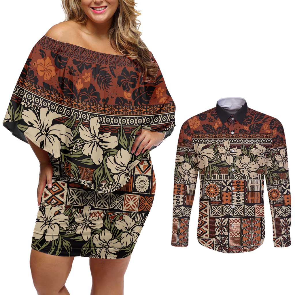 Pacific Hibiscus Tapa Tribal Vintage Couples Matching Off Shoulder Short Dress and Long Sleeve Button Shirt Brown Motif LT9 Brown - Polynesian Pride