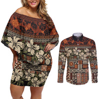 Pacific Hibiscus Tapa Tribal Vintage Couples Matching Off Shoulder Short Dress and Long Sleeve Button Shirt Brown Motif LT9 Brown - Polynesian Pride