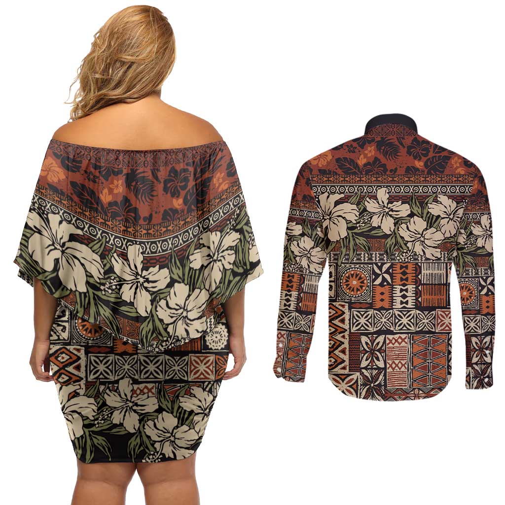 Pacific Hibiscus Tapa Tribal Vintage Couples Matching Off Shoulder Short Dress and Long Sleeve Button Shirt Brown Motif LT9 - Polynesian Pride