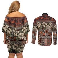 Pacific Hibiscus Tapa Tribal Vintage Couples Matching Off Shoulder Short Dress and Long Sleeve Button Shirt Brown Motif LT9 - Polynesian Pride