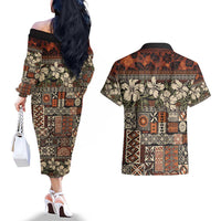 Pacific Hibiscus Tapa Tribal Vintage Couples Matching Off The Shoulder Long Sleeve Dress and Hawaiian Shirt Brown Motif LT9 - Polynesian Pride