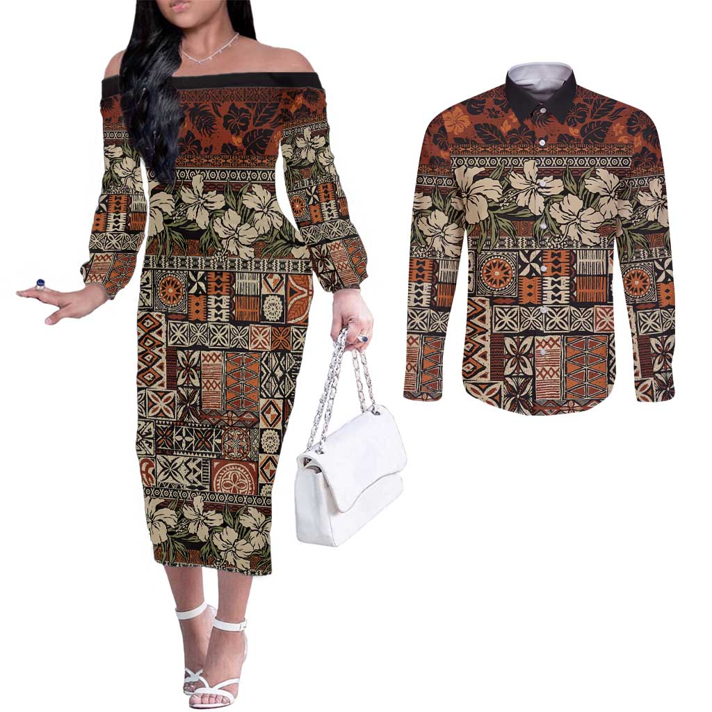 Pacific Hibiscus Tapa Tribal Vintage Couples Matching Off The Shoulder Long Sleeve Dress and Long Sleeve Button Shirt Brown Motif LT9 Brown - Polynesian Pride