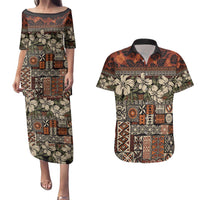 Pacific Hibiscus Tapa Tribal Vintage Couples Matching Puletasi and Hawaiian Shirt Brown Motif LT9 Brown - Polynesian Pride