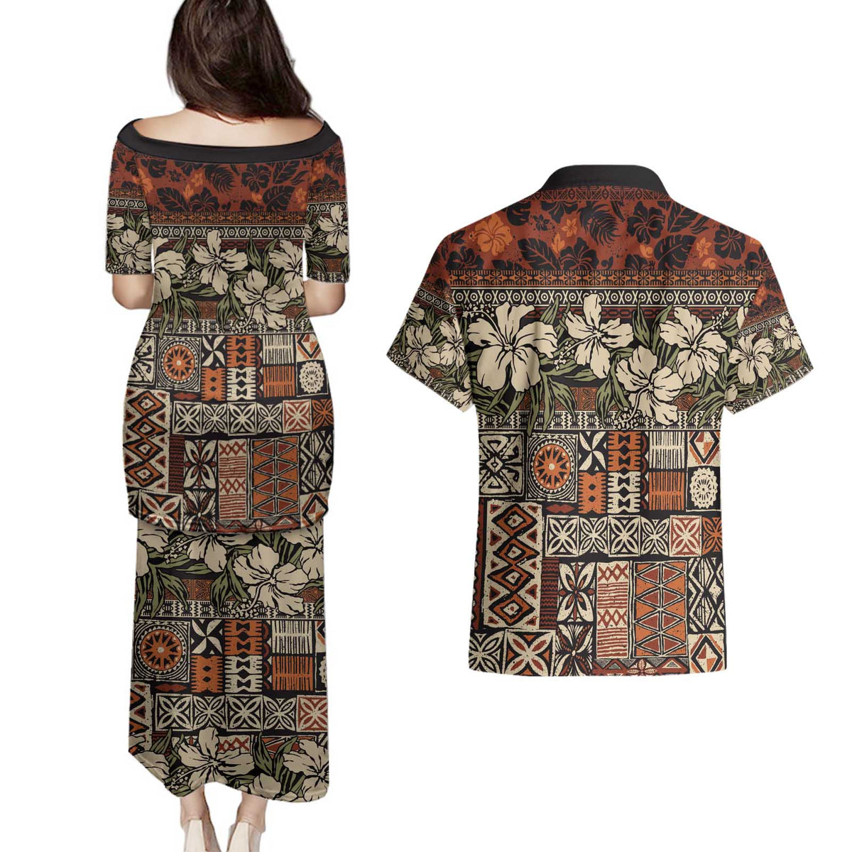 Pacific Hibiscus Tapa Tribal Vintage Couples Matching Puletasi and Hawaiian Shirt Brown Motif LT9 - Polynesian Pride
