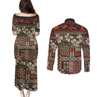 Pacific Hibiscus Tapa Tribal Vintage Couples Matching Puletasi and Long Sleeve Button Shirt Brown Motif LT9 - Polynesian Pride
