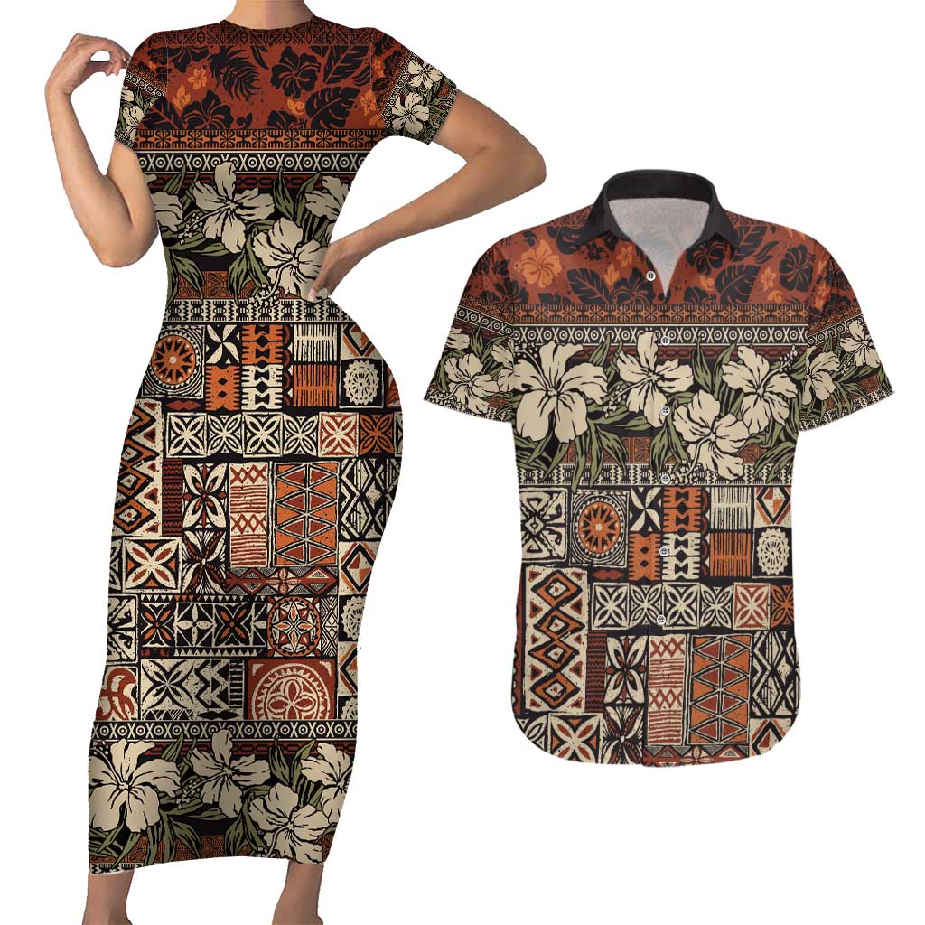 Pacific Hibiscus Tapa Tribal Vintage Couples Matching Short Sleeve Bodycon Dress and Hawaiian Shirt Brown Motif LT9 Brown - Polynesian Pride