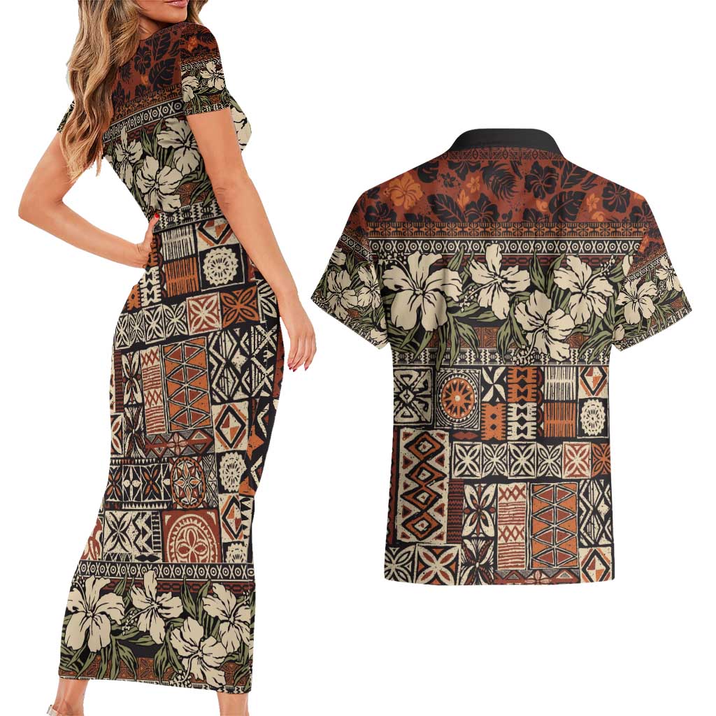 Pacific Hibiscus Tapa Tribal Vintage Couples Matching Short Sleeve Bodycon Dress and Hawaiian Shirt Brown Motif LT9 - Polynesian Pride