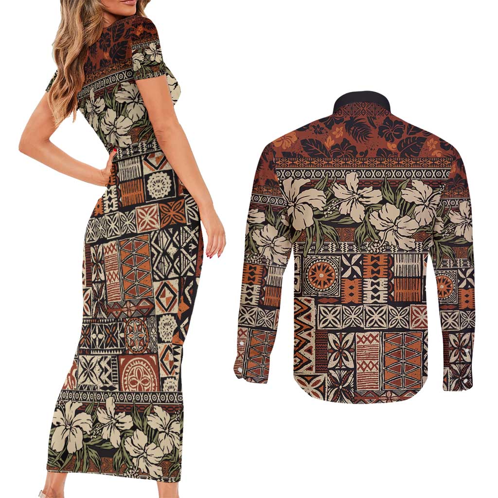 Pacific Hibiscus Tapa Tribal Vintage Couples Matching Short Sleeve Bodycon Dress and Long Sleeve Button Shirt Brown Motif LT9 - Polynesian Pride