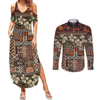 Pacific Hibiscus Tapa Tribal Vintage Couples Matching Summer Maxi Dress and Long Sleeve Button Shirt Brown Motif LT9 Brown - Polynesian Pride