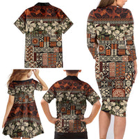 Pacific Hibiscus Tapa Tribal Vintage Family Matching Long Sleeve Bodycon Dress and Hawaiian Shirt Brown Motif LT9 - Polynesian Pride