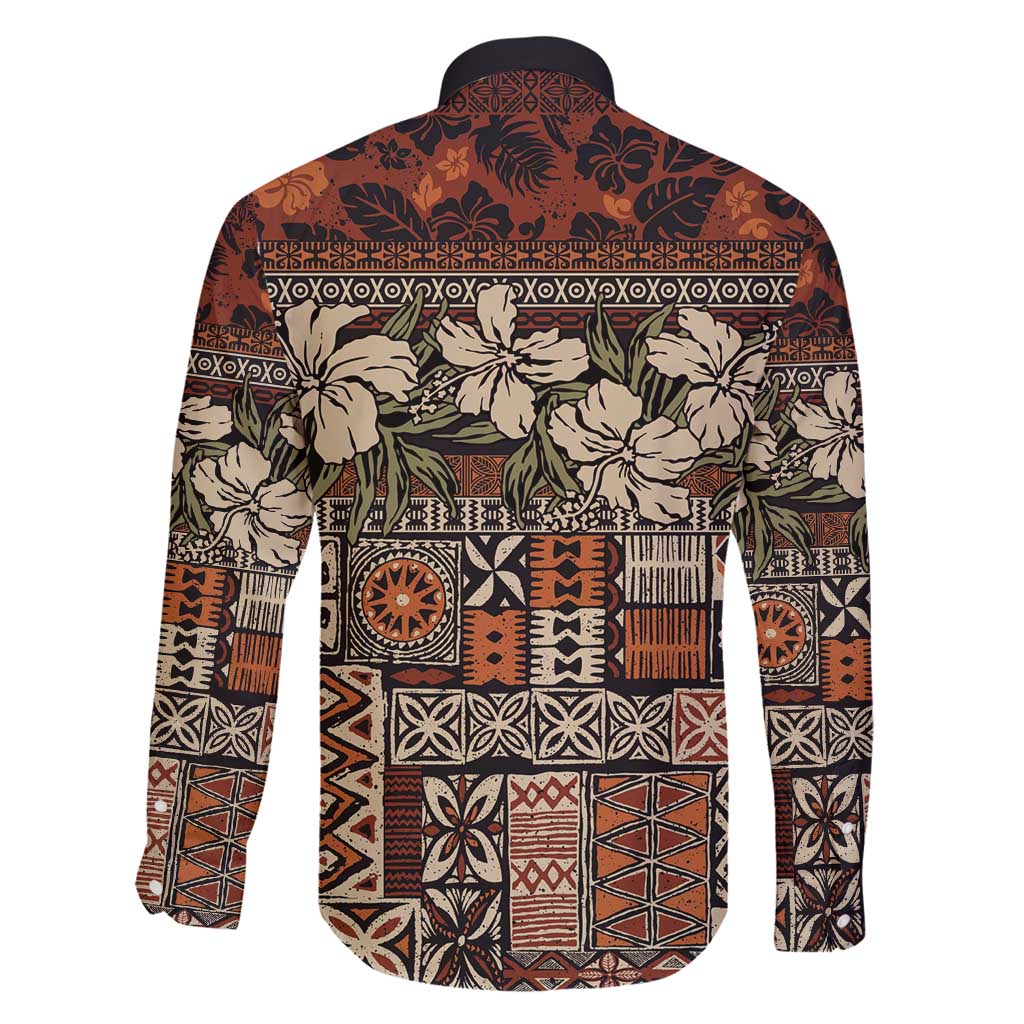 Pacific Hibiscus Tapa Tribal Vintage Family Matching Long Sleeve Bodycon Dress and Hawaiian Shirt Brown Motif LT9 - Polynesian Pride