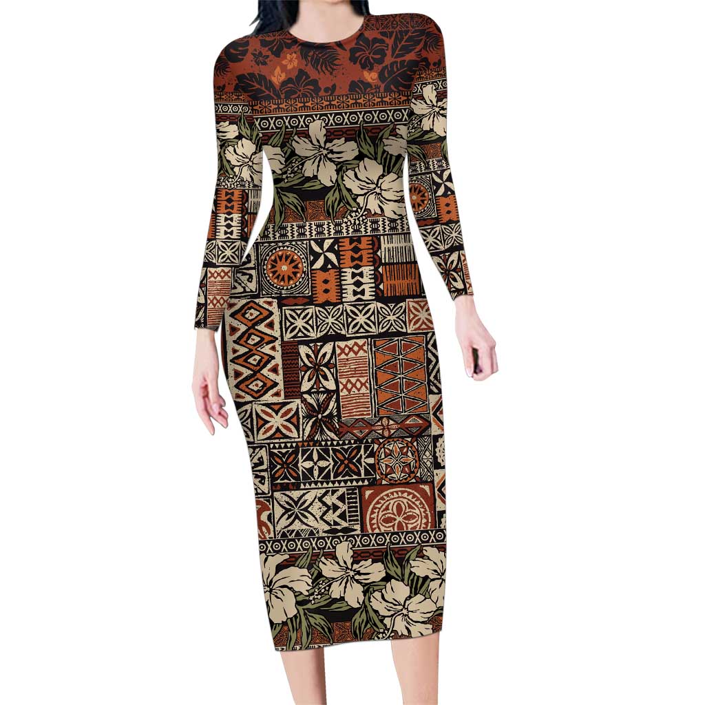 Pacific Hibiscus Tapa Tribal Vintage Family Matching Long Sleeve Bodycon Dress and Hawaiian Shirt Brown Motif LT9 Mom's Dress Brown - Polynesian Pride