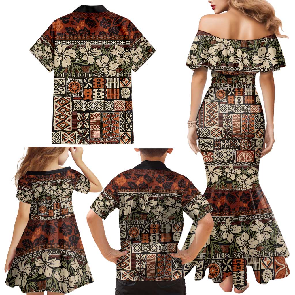 Pacific Hibiscus Tapa Tribal Vintage Family Matching Mermaid Dress and Hawaiian Shirt Brown Motif LT9 - Polynesian Pride