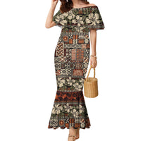 Pacific Hibiscus Tapa Tribal Vintage Family Matching Mermaid Dress and Hawaiian Shirt Brown Motif LT9 Mom's Dress Brown - Polynesian Pride