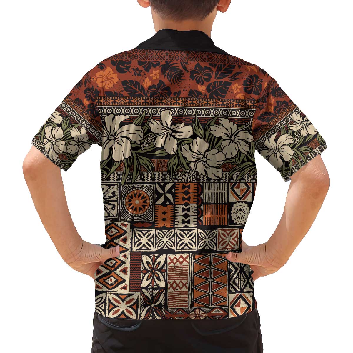 Pacific Hibiscus Tapa Tribal Vintage Family Matching Off The Shoulder Long Sleeve Dress and Hawaiian Shirt Brown Motif LT9 - Polynesian Pride