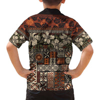Pacific Hibiscus Tapa Tribal Vintage Family Matching Off The Shoulder Long Sleeve Dress and Hawaiian Shirt Brown Motif LT9 - Polynesian Pride