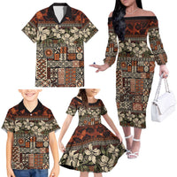 Pacific Hibiscus Tapa Tribal Vintage Family Matching Off The Shoulder Long Sleeve Dress and Hawaiian Shirt Brown Motif LT9 - Polynesian Pride