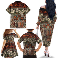 Pacific Hibiscus Tapa Tribal Vintage Family Matching Off The Shoulder Long Sleeve Dress and Hawaiian Shirt Brown Motif LT9 - Polynesian Pride
