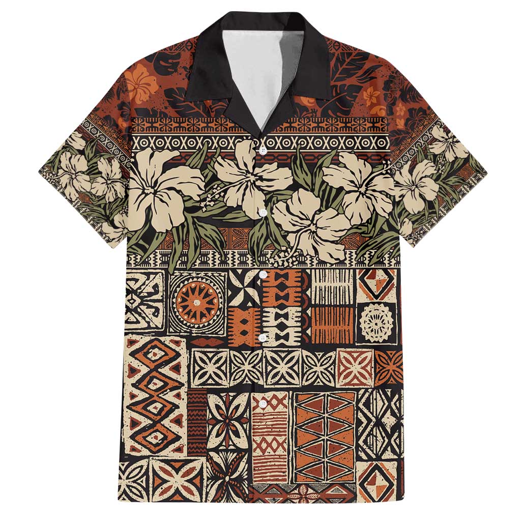 Pacific Hibiscus Tapa Tribal Vintage Family Matching Off Shoulder Maxi Dress and Hawaiian Shirt Brown Motif LT9 Dad's Shirt - Short Sleeve Brown - Polynesian Pride