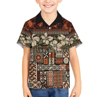 Pacific Hibiscus Tapa Tribal Vintage Family Matching Off Shoulder Maxi Dress and Hawaiian Shirt Brown Motif LT9 Son's Shirt Brown - Polynesian Pride