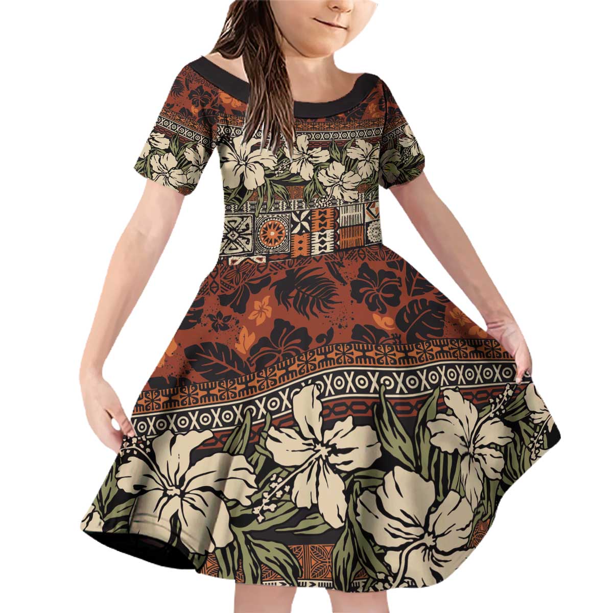 Pacific Hibiscus Tapa Tribal Vintage Family Matching Off Shoulder Short Dress and Hawaiian Shirt Brown Motif LT9 Daughter's Dress Brown - Polynesian Pride