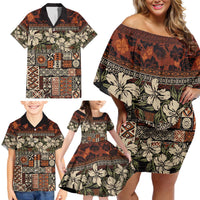 Pacific Hibiscus Tapa Tribal Vintage Family Matching Off Shoulder Short Dress and Hawaiian Shirt Brown Motif LT9 - Polynesian Pride