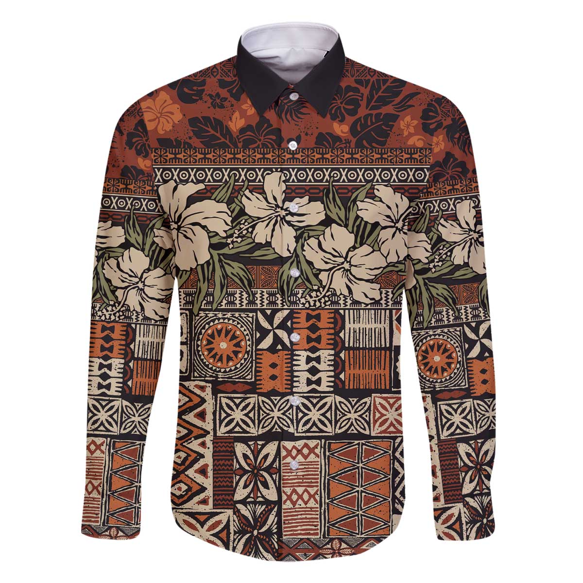 Pacific Hibiscus Tapa Tribal Vintage Family Matching Off Shoulder Short Dress and Hawaiian Shirt Brown Motif LT9 Dad's Shirt - Long Sleeve Brown - Polynesian Pride