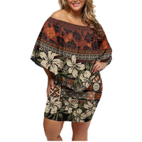 Pacific Hibiscus Tapa Tribal Vintage Family Matching Off Shoulder Short Dress and Hawaiian Shirt Brown Motif LT9 Mom's Dress Brown - Polynesian Pride