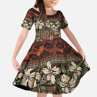 Pacific Hibiscus Tapa Tribal Vintage Family Matching Puletasi and Hawaiian Shirt Brown Motif LT9 Daughter's Dress Brown - Polynesian Pride