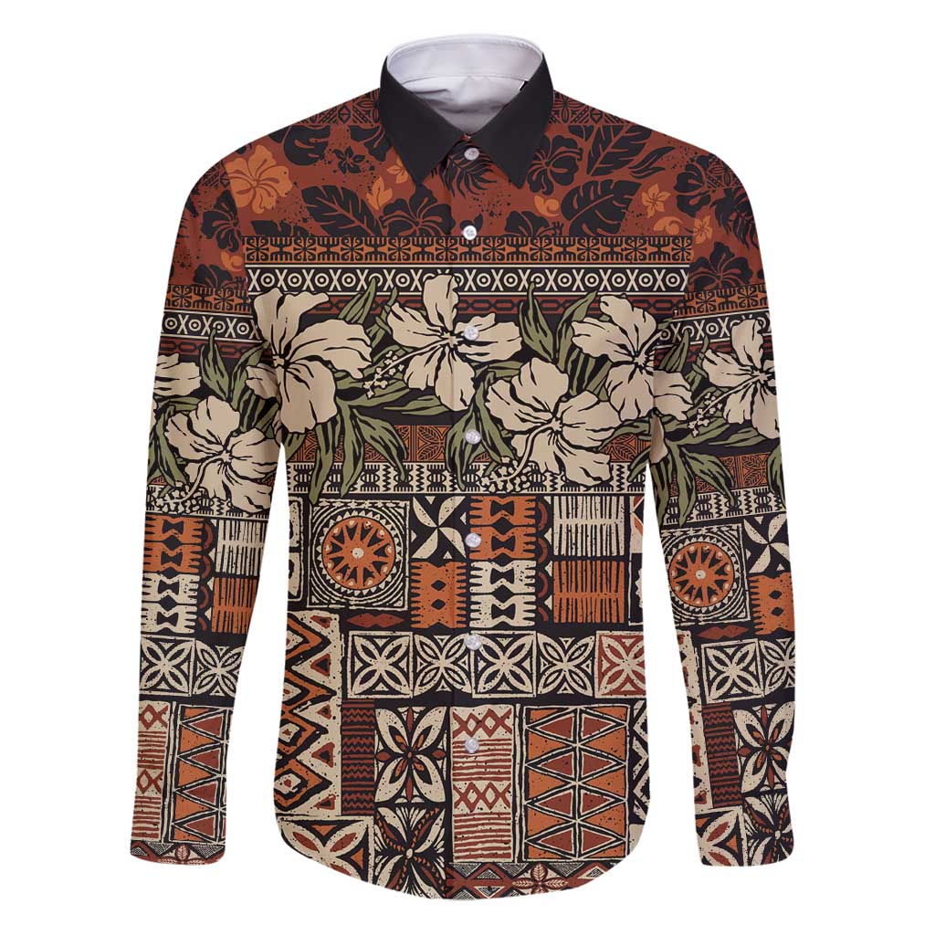 Pacific Hibiscus Tapa Tribal Vintage Family Matching Puletasi and Hawaiian Shirt Brown Motif LT9 Dad's Shirt - Long Sleeve Brown - Polynesian Pride