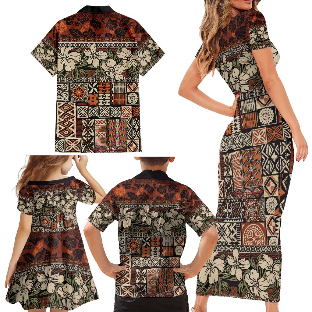 Pacific Hibiscus Tapa Tribal Vintage Family Matching Short Sleeve Bodycon Dress and Hawaiian Shirt Brown Motif LT9 - Polynesian Pride