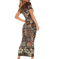 Pacific Hibiscus Tapa Tribal Vintage Family Matching Short Sleeve Bodycon Dress and Hawaiian Shirt Brown Motif LT9 - Polynesian Pride