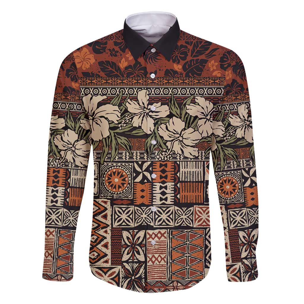 Pacific Hibiscus Tapa Tribal Vintage Family Matching Summer Maxi Dress and Hawaiian Shirt Brown Motif LT9 Dad's Shirt - Long Sleeve Brown - Polynesian Pride