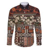 Pacific Hibiscus Tapa Tribal Vintage Family Matching Summer Maxi Dress and Hawaiian Shirt Brown Motif LT9 Dad's Shirt - Long Sleeve Brown - Polynesian Pride