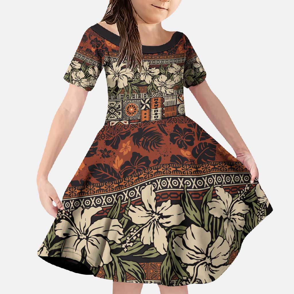 Pacific Hibiscus Tapa Tribal Vintage Family Matching Tank Maxi Dress and Hawaiian Shirt Brown Motif LT9 Daughter's Dress Brown - Polynesian Pride