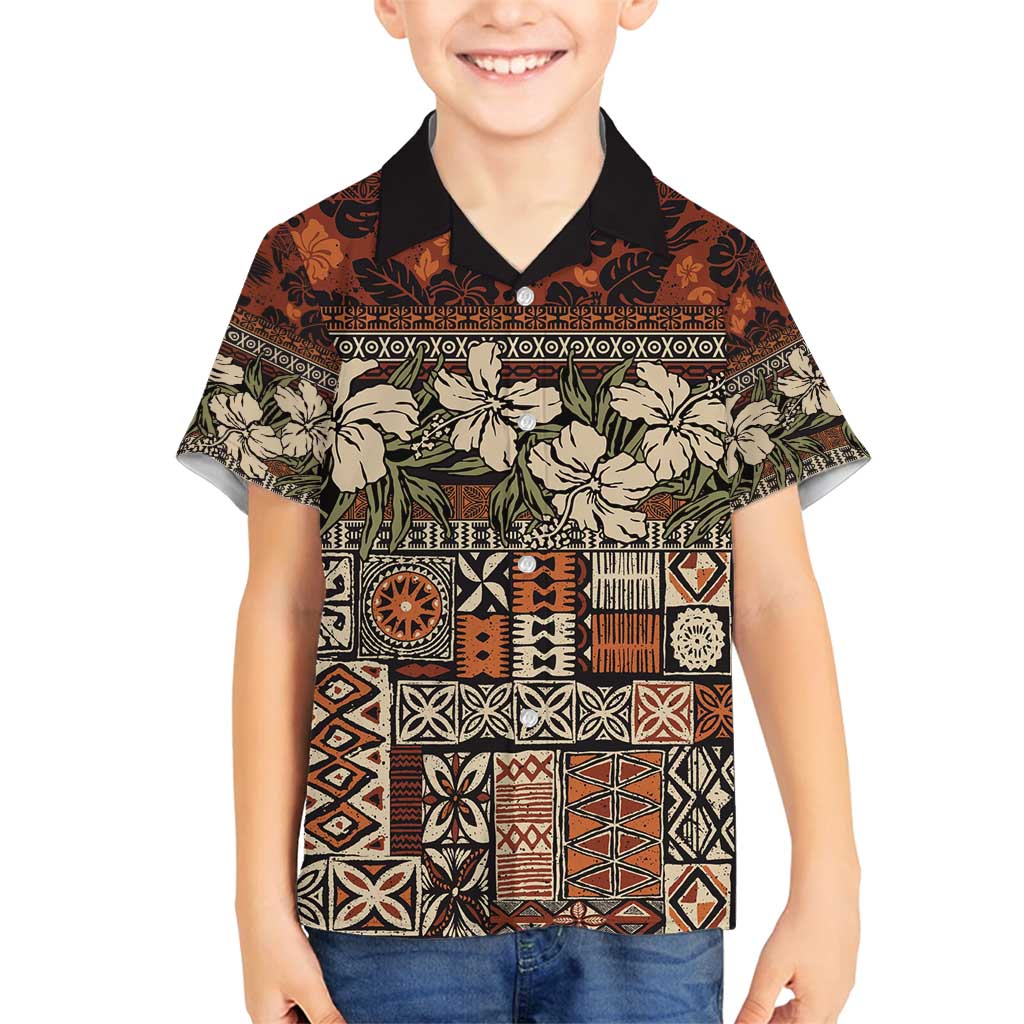 Pacific Hibiscus Tapa Tribal Vintage Family Matching Tank Maxi Dress and Hawaiian Shirt Brown Motif LT9 Son's Shirt Brown - Polynesian Pride