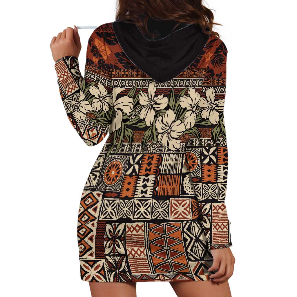 Pacific Hibiscus Tapa Tribal Vintage Hoodie Dress Brown Motif LT9 - Polynesian Pride