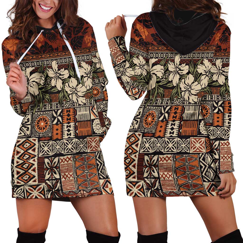 Pacific Hibiscus Tapa Tribal Vintage Hoodie Dress Brown Motif LT9 - Polynesian Pride