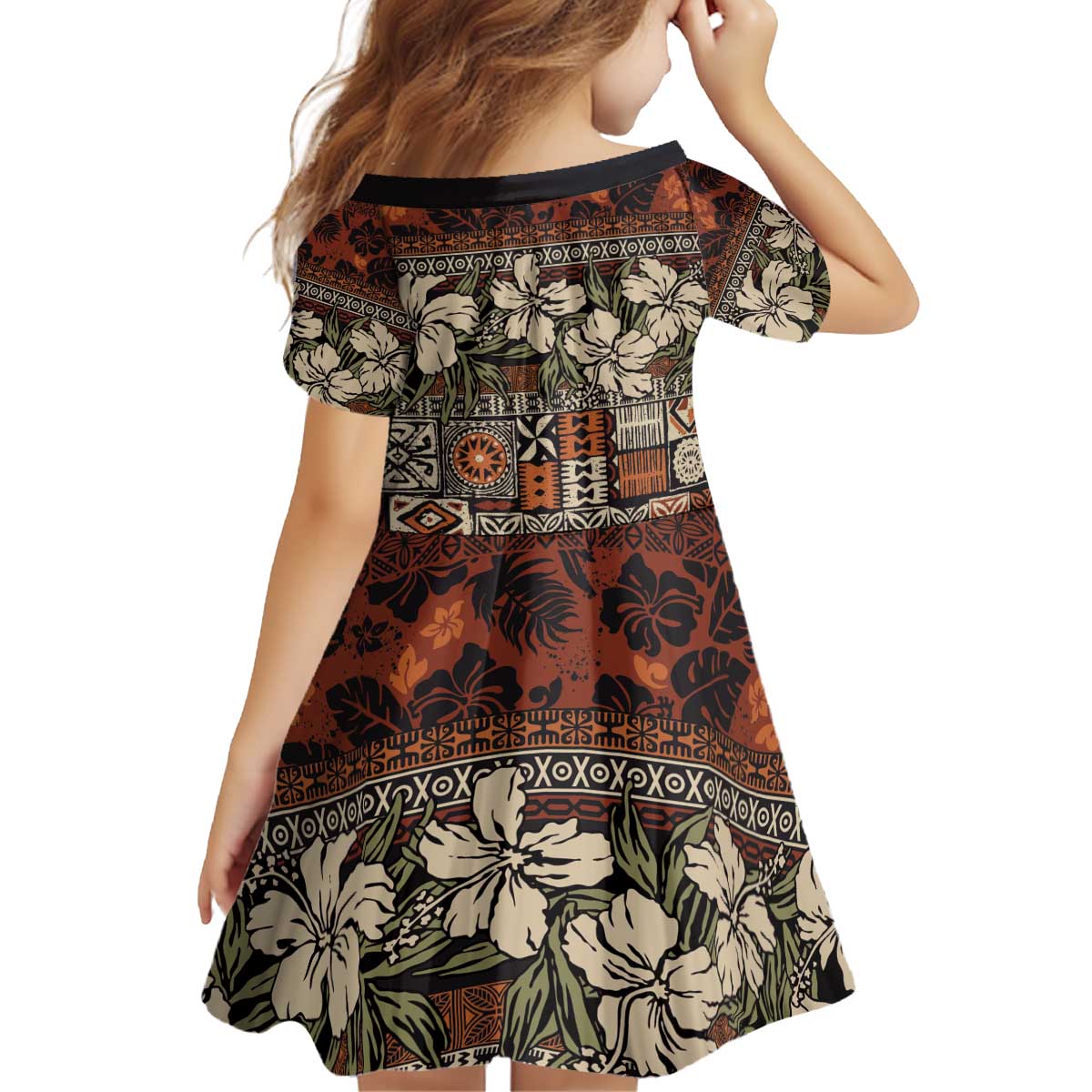 Pacific Hibiscus Tapa Tribal Vintage Kid Short Sleeve Dress Brown Motif