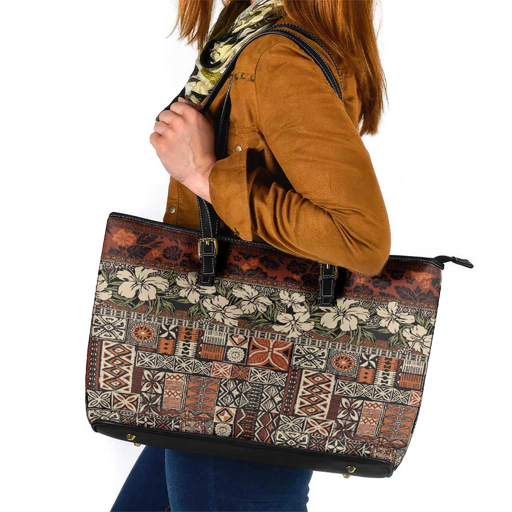 Pacific Hibiscus Tapa Tribal Vintage Leather Tote Bag Brown Motif LT9 Brown - Polynesian Pride