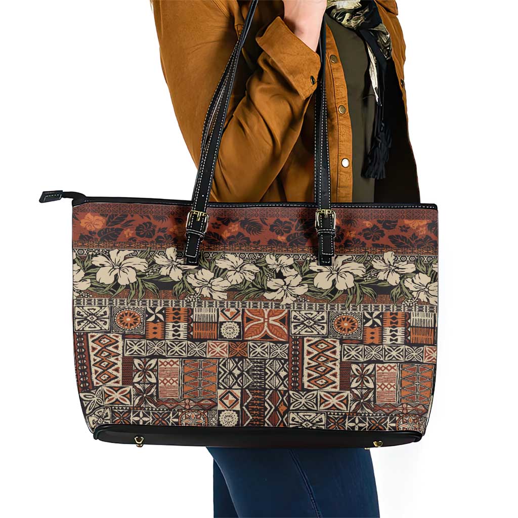 Pacific Hibiscus Tapa Tribal Vintage Leather Tote Bag Brown Motif LT9 - Polynesian Pride