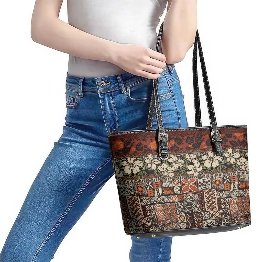 Pacific Hibiscus Tapa Tribal Vintage Leather Tote Bag Brown Motif LT9 - Polynesian Pride