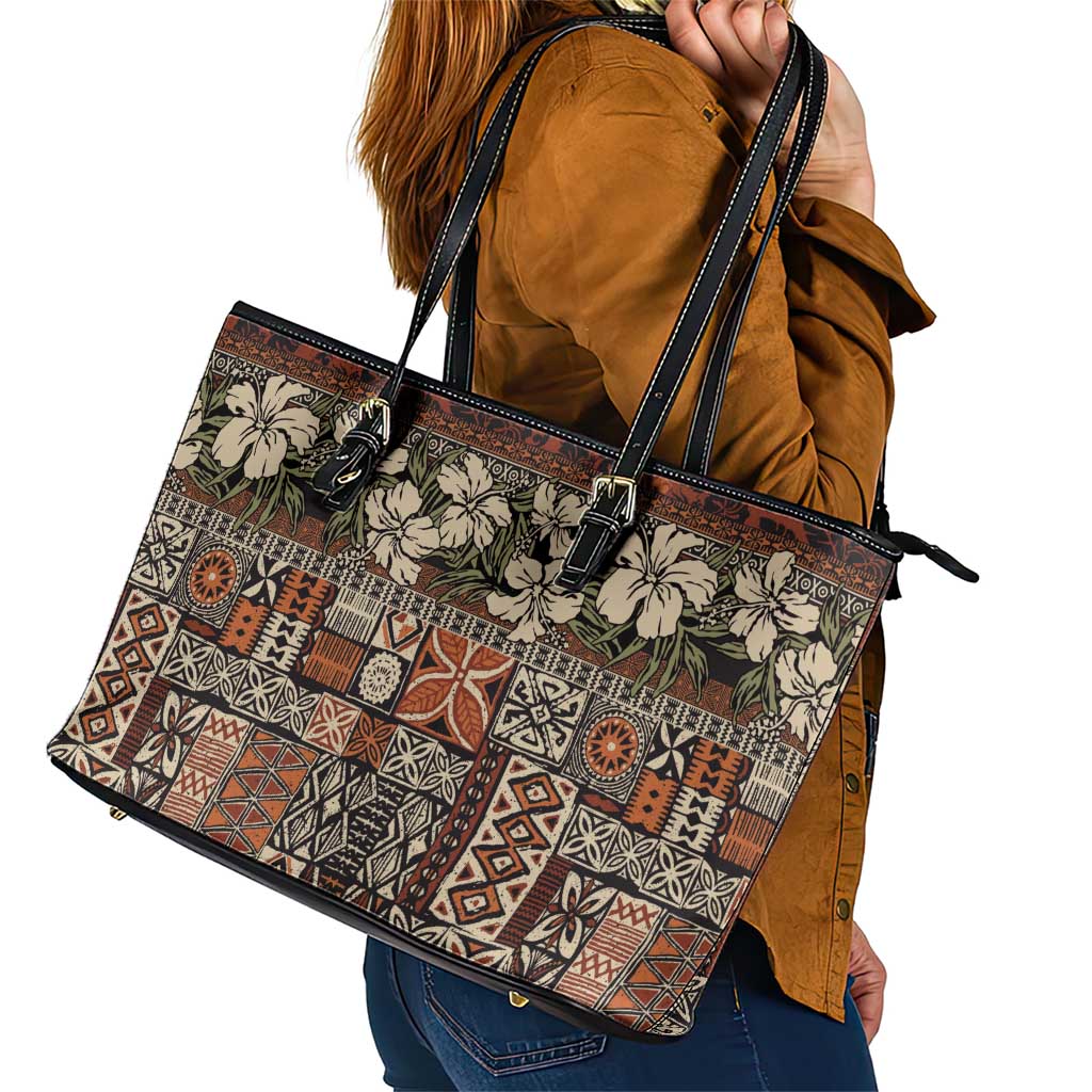 Pacific Hibiscus Tapa Tribal Vintage Leather Tote Bag Brown Motif LT9 - Polynesian Pride