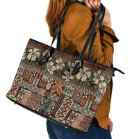 Pacific Hibiscus Tapa Tribal Vintage Leather Tote Bag Brown Motif LT9 - Polynesian Pride