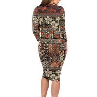 Pacific Hibiscus Tapa Tribal Vintage Long Sleeve Bodycon Dress Brown Motif LT9 - Polynesian Pride