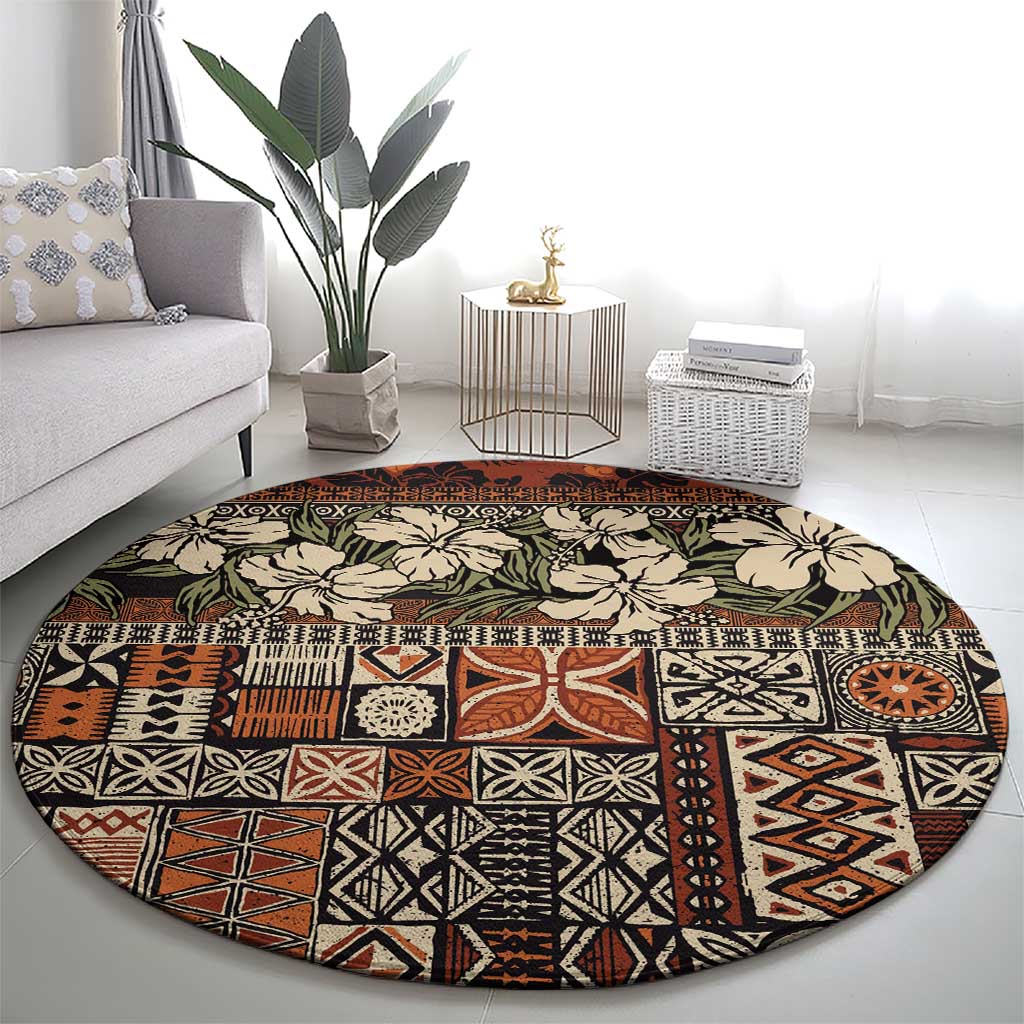 Pacific Hibiscus Tapa Tribal Vintage Round Carpet Brown Motif LT9 - Polynesian Pride
