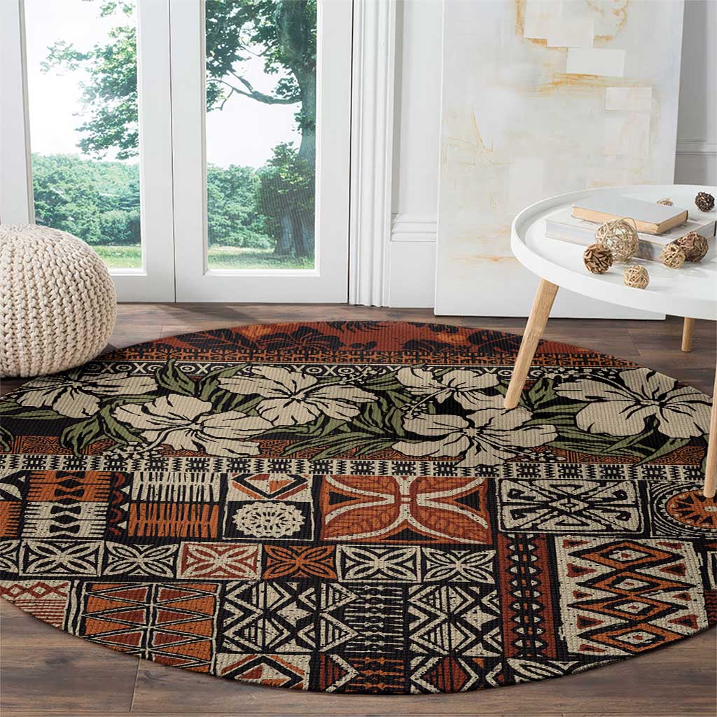 Pacific Hibiscus Tapa Tribal Vintage Round Carpet Brown Motif LT9 - Polynesian Pride